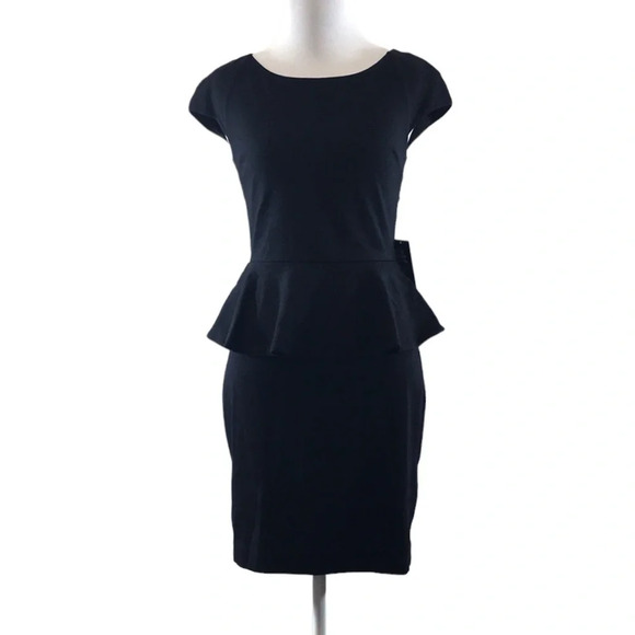 Express Black Peplum Mini Dress Womens 2 Cap‎ Sleeve Lace Open Back Career Date - Picture 1 of 12